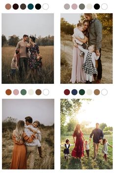 four different pictures of people and their families in an open field with the sun shining on them