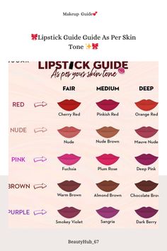 Struggling to find the right lipstick for your skin tone? Say goodbye to guesswork! Our comprehensive guide matches you with the perfect shades, enhancing your natural beauty effortlessly. 💋💫  ✨Finding the right lipstick shade for your skin tone can be challenging. 😩  💫Our lipstick guide takes the guesswork out of finding your perfect shade, ensuring flawless results every time. 💄🎉  Lipstick Shade, Skin Tone, Lipstick Guide, Beauty Tips, Perfect Shade.  #LipstickGuide #BeautyTips #SkinTone #PerfectShade #BeautyEssentials #MakeupTips #BeautyHacks #LipstickLovers #FlawlessBeauty #GlamourousLooks Lipstick By Skin Tone Range, Dusky Skin Lipstick Shades, Makeup Routine Guide, Lipstick Tips, Dusky Skin, Vaseline Beauty Tips, Dry Skin Makeup