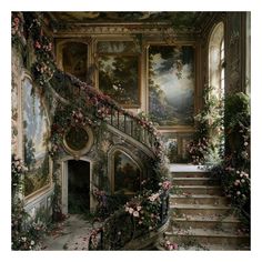 an ornate staircase with paintings and flowers on the wall