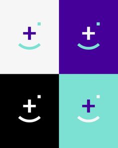 four different colored squares with smiley faces and crosses on them, all in the same color scheme