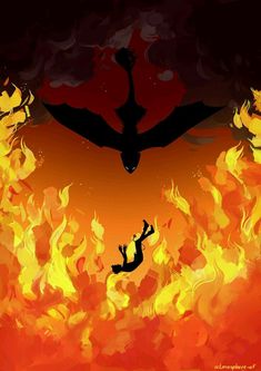 the silhouette of a person falling from a large bird over a fire filled sky with flames