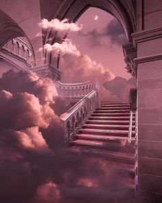 stairs leading up to the sky with clouds in front of them and a half moon at the top