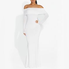 Brand New, Double-Lined Maxi Dress. Material Is 94% Polyester, 6% Spandex. White Off-shoulder Maxi Dress For Night Out, Senior Events, Modest White Dress, Green Chiffon Dress, Wedding Guest Attire, Animal Print Maxi Dresses, Hourglass Dress, Maxi Dress White, Chic Maxi Dresses