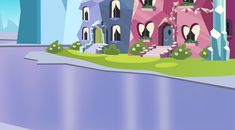 an animated pink house in the middle of a river