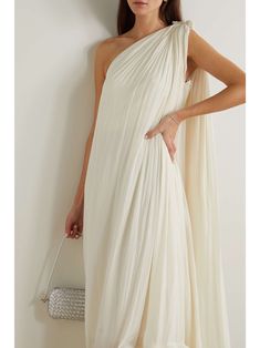 LANVIN One-shoulder ruffled plissé-crepe de chine gown Draped Pleated Maxi Dress For Wedding, Pleated Draped Maxi Dress For Wedding, Floor-length Pre-draped Dresses With Folds, Floor-length Folded Wedding Evening Dress, Pre-draped Floor-length Dress With Folds, Chic Pleated Wedding Gown, Chic Pleated Gown For Wedding, White Pre-draped Dress With Draped Sleeves, Wedding Dress With Draped Folds