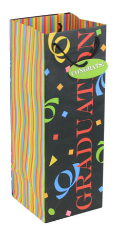 a black and multicolored shopping bag with the words happy birthday on it's front