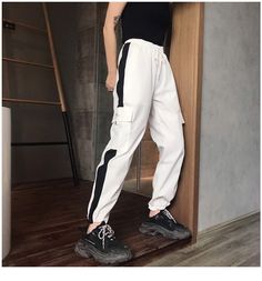 FREE SHIPPING Women High Waist Loose Streetwear Baggy Pants JKP3379 Casual High Waist Harem Pants For Streetwear, White Baggy Joggers, White Hip Hop Pants With Cargo Pockets, White Baggy Casual Harem Pants, Casual White Wide Leg Joggers, Trendy White Pants With Side Pockets, Casual White Wide-leg Joggers, White Hip Hop Parachute Pants With Pockets, White High-waisted Relaxed Fit Harem Pants