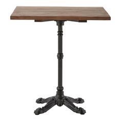 a wooden table with two metal legs and a square top on an iron base, against a white background