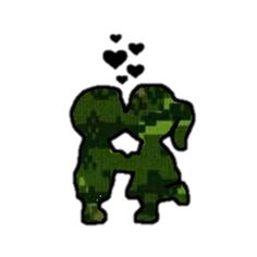 an image of a couple in camouflage with hearts coming out of the letters on them