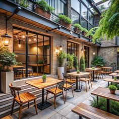 an outdoor dining area with wooden tables and benches