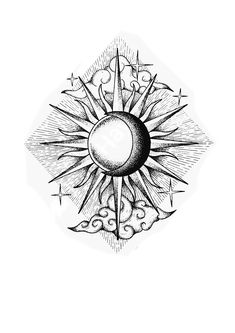 a drawing of the sun and moon with stars around it, in black and white