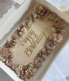 a birthday cake in a box with the words happy birthday written on it