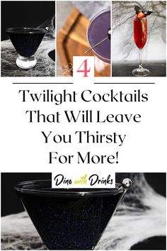 Collage of 4 twilight cocktails. Twilight Cocktail Party, Twilight Alcoholic Drinks, Vampire Themed Drinks, Twilight Themed Movie Night, Twilight Inspired Cocktails