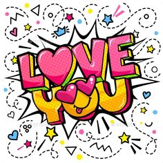 the word love you with hearts and stars on white background - miscellaneous objects / objects illustrations