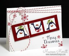 a christmas card with three penguins on it