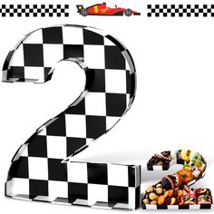 the number two is made up of many different foods in front of a checkered background