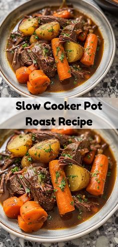 two pictures of slow cooker pot roast with carrots and potatoes