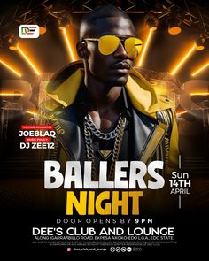 a flyer for a night club with a man wearing sunglasses and a yellow jacket on