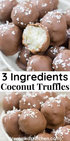 chocolate covered coconut truffles on a white plate with the words, 3 ingredient coconut truffles