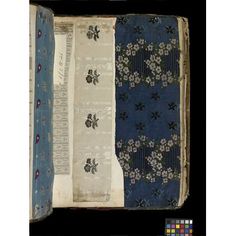 an old book with blue and white flowers on it