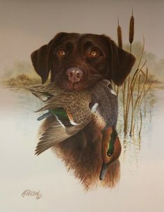 a painting of a dog with ducks in its mouth