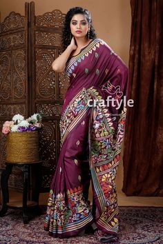 Boysenberry Purple Blended Bangalore Silk Kantha Saree With Handcrafted Embroidery - Etsy Purple Embroidered Traditional Wear, Bohemian Purple Embroidered Traditional Wear, Bohemian Saree With Multicolor Embroidery For Transitional Season, Bohemian Embroidered Saree For Transitional Season, Handloom Multicolor Embroidered Fabric For Navratri, Bohemian Embroidered Saree For Puja, Bohemian Style Embroidered Silk Saree, Handloom Embroidered Fabric For Navratri, Festive Handloom Embroidered Multicolor Fabric