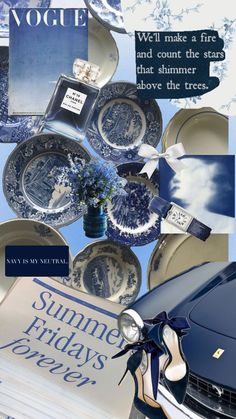 a collage of blue and white plates with words on them