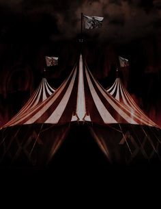 a circus tent with flags flying in the dark