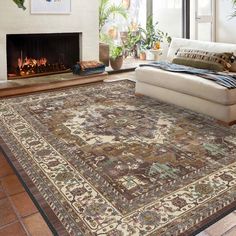 a living room with a large rug on the floor and a fire place in the corner