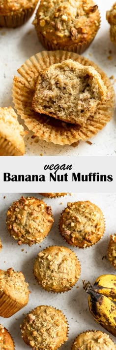 banana nut muffins on a baking sheet with the words vegan written below