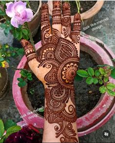 the hand is decorated with henna on it and flowers are in the potted planter