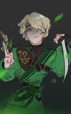 an anime character holding two knives and pointing to the side with one hand while wearing a green outfit