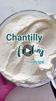 a person in pink gloves holding a bowl with cream on it and the words, channelly fasting recipe