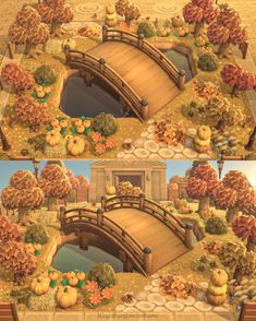 a painting of a bridge over water surrounded by trees and pumpkins in the fall