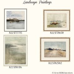 four framed pictures with different landscape paintings on them