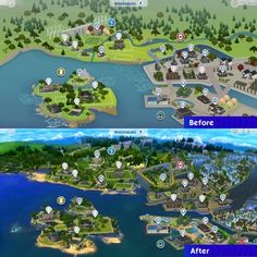 the before and after screenshots of an island in simo's avatar