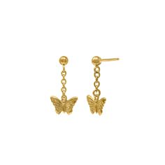 "Stud earrings with butterfly dangle charm in gold. Sold in pairs. Material 14k gold filled Dimensions Stud is 3mm and butterfly charm is 12\" *Hypoallergenic *Nickel free *Water resistant but avoid for longer durability. Notes ~ Soft jewelry pouch included. ~ Limit contact with water for longer durability and prevent tarnishing. ~ Avoid contact with household chemicals like perfume, sprays, lotions, sunscreen and hair products. ~ Store your jewelry separately from other jewelry when not in use. 14k Gold Butterfly Charm Earrings, 14k Gold Butterfly Earrings With Butterfly Charm, 14k Gold Butterfly Earrings With Charm, Dainty Yellow Gold Earrings With Butterfly Charm, Gold Earrings With Butterfly Charm For Everyday, Butterfly Stud Earrings, Earrings Butterfly, Dangle Earrings Gold, Stud Earrings Gold