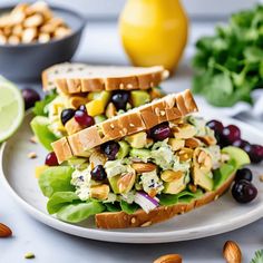 two sandwiches with avocado, lettuce, and fruit on them sitting on a white plate