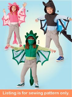 three children in costumes with the text listing is for sewing pattern only