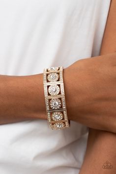 Paparazzi Ultra Upscale - Gold - Bella Bling by Natalie Gold Stretch Bracelet, White Bracelets, Bracelet Online, Paparazzi Accessories, White Rhinestone, Gold Rhinestone, Chic Jewelry, Rhinestone Bracelet, Paparazzi Jewelry