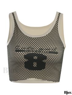 Bjux - Chic Number Print Mesh Stitching Crop Tank Top - Elegant Sleeveless Crew Neck Summer Top for Women Sleeveless Crop Top With Mesh Back For Summer, Sleeveless Mesh Back Crop Top For Summer, Summer Crop Top With Mesh Back, Sleeveless Mesh Crop Top For Summer, Spring Sleeveless Mesh Tank Top, Spring Mesh Sleeveless Tank Top, White Mesh Sleeveless Tank Top, Sleeveless Mesh Tank Top Vest, Casual Mesh Vest For Summer