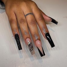 Black Nail Tech, Black Marble Nails, Nail Black, Nails Marble, Graduation Nails, Black Acrylic Nails