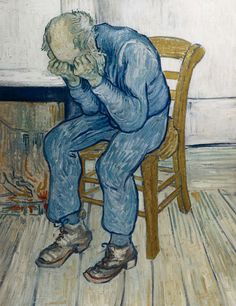 a painting of a man sitting on a chair in front of a fire place with his hands to his face