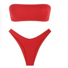 Nwt Never Worn Zaful High Cut Ribbed Bikini Set. Bandeau Tie Style Back. Size 6. Red. Red Bandeau Swimwear For Sunbathing, Red Strapless Tube Top For Beach, Red Tube Top For Vacation, Red Strapless Swimwear For Vacation, Red Strapless Stretch Swimwear, Red Strapless Swimwear For Beach Season, Red Strapless Swimwear For Beach, Strapless Red Swimwear For Beach, Tie Styles