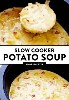 two pictures showing how to make slow cooker potato soup