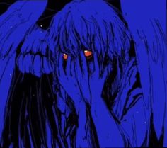 an image of two people with red eyes in the dark blue background, one holding his head to his face