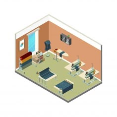 an illustration of a living room with couches, tables and other furniture in it