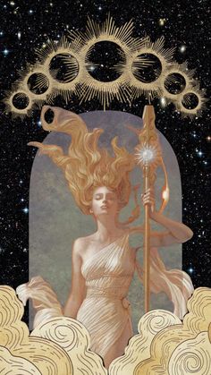 a woman in white dress holding a wand and surrounded by clouds with sunbursts