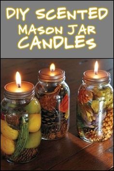 three mason jar candles with pine cones and other items in them