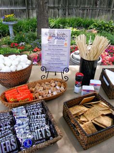 several baskets filled with snacks on top of a table